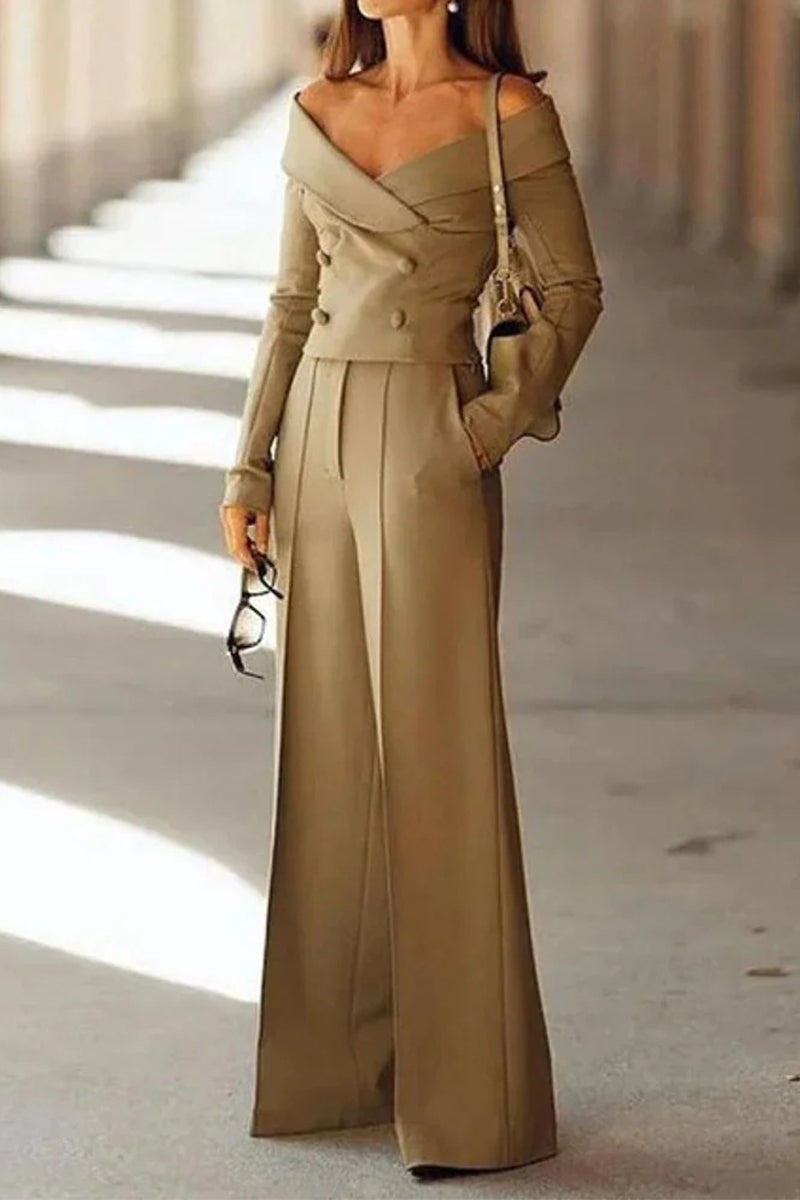 Daily Pocket Buttons V Neck Long Sleeve Two Pieces