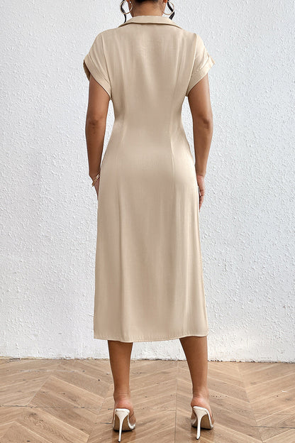 Daily Buttons Ruched Irregular V Neck Waist Skirt Short Sleeve Dress