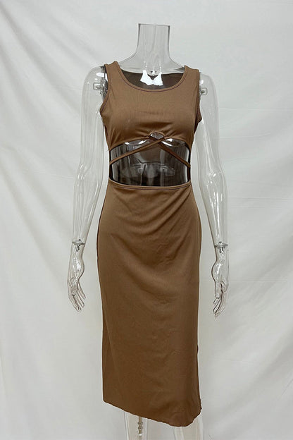 Color Hollow Out U Neck Wrapped Skirt Dresses(4 Colors)