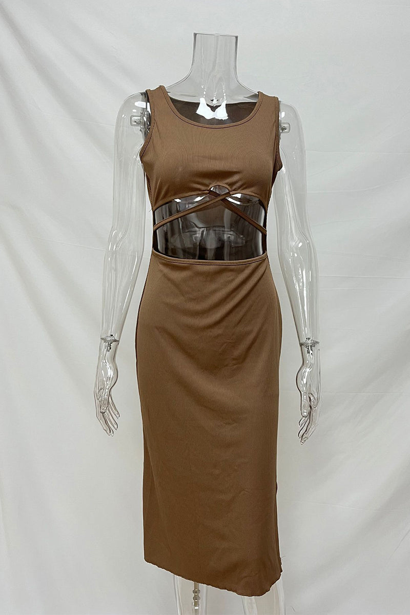 Color Hollow Out U Neck Wrapped Skirt Dresses(4 Colors)