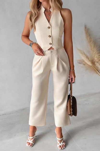 Daily Color Pocket Buttons V Neck Sleeveless Two Pieces