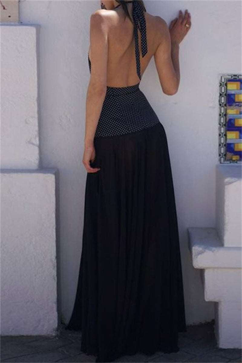 Print Backless Belted Halter Long Dresses