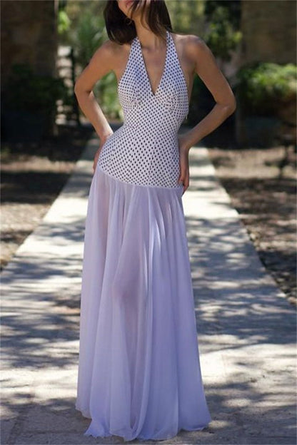 Print Backless Belted Halter Long Dresses