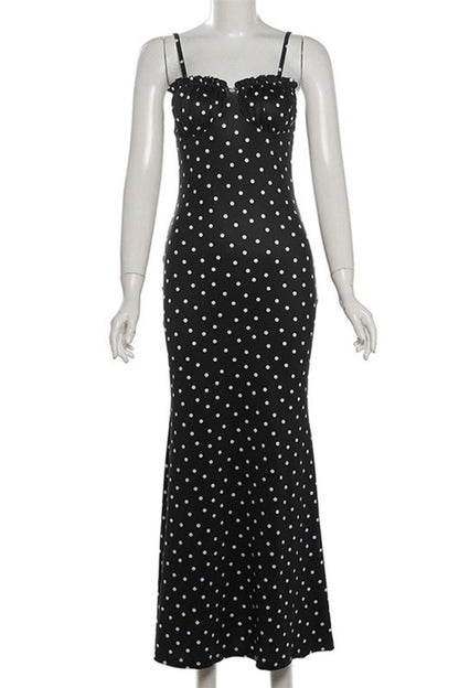 Polka Dot Print Backless Spaghetti Strap Long Dresses