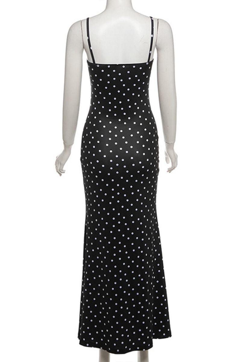 Polka Dot Print Backless Spaghetti Strap Long Dresses