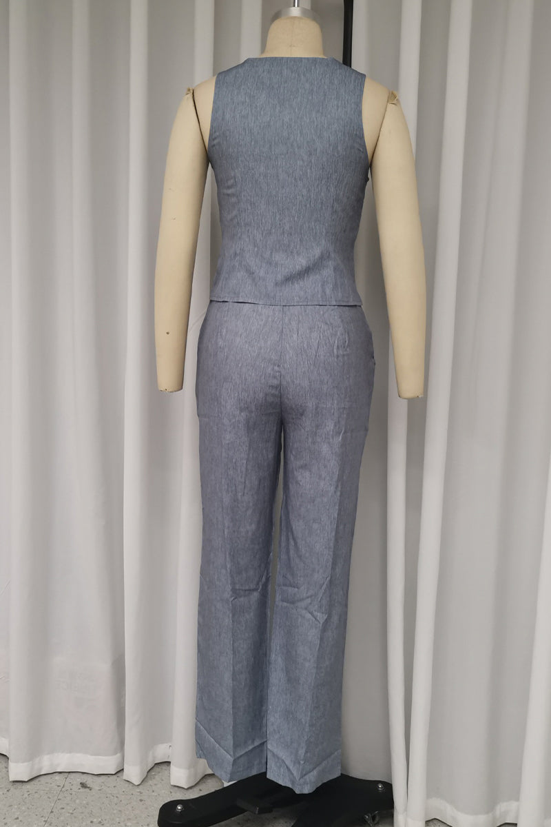 Color Buttons V Neck Sleeveless Two Pieces