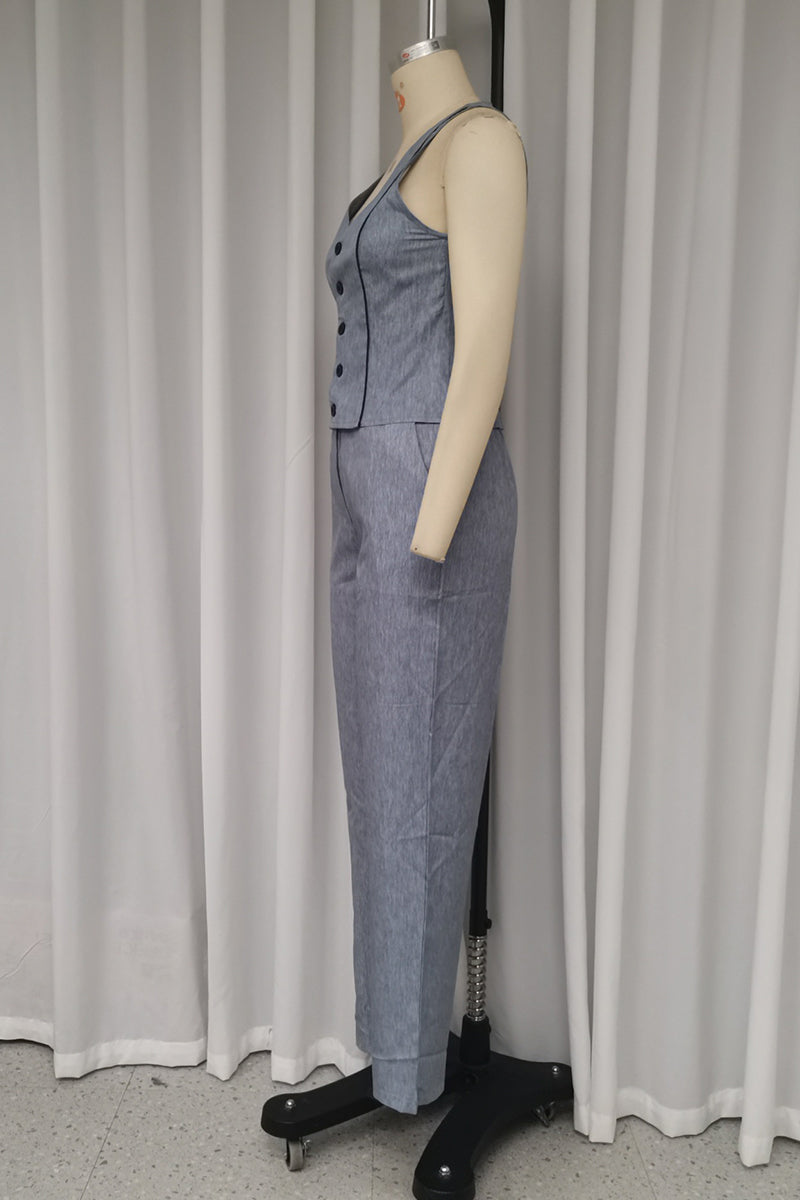 Color Buttons V Neck Sleeveless Two Pieces