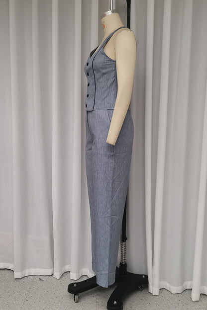 Color Buttons V Neck Sleeveless Two Pieces