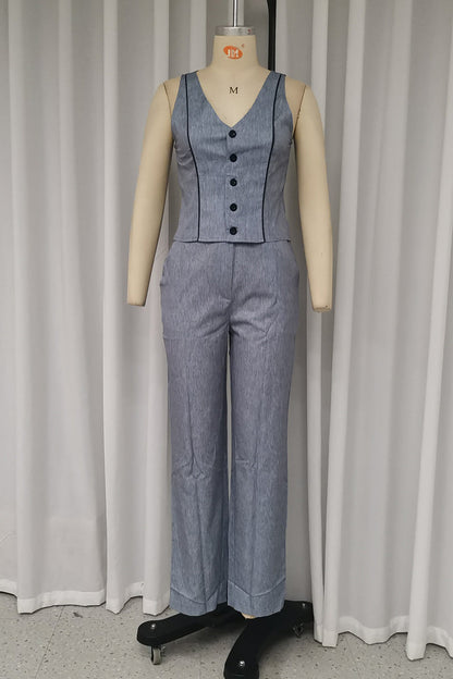 Color Buttons V Neck Sleeveless Two Pieces