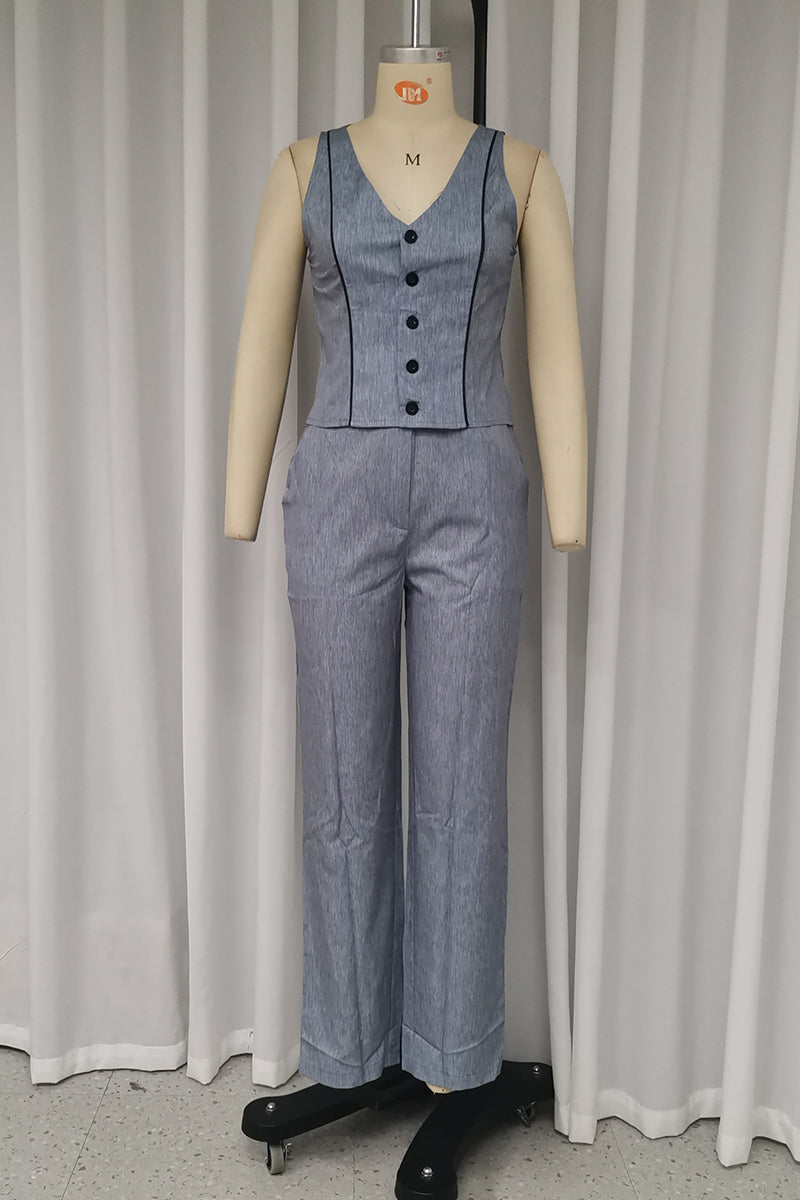 Color Buttons V Neck Sleeveless Two Pieces