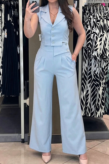 Daily Color Buttons Irregular Turn-back Collar Sleeveless Two Pieces