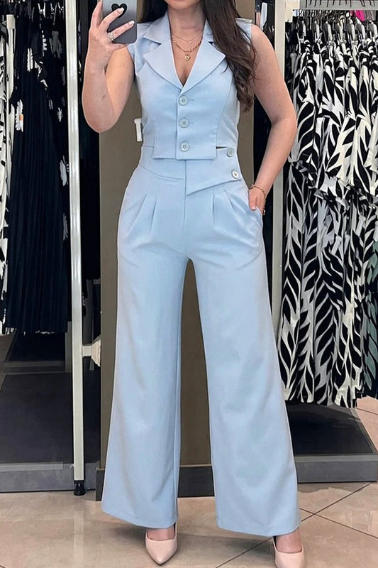 Daily Color Buttons Irregular Turn-back Collar Sleeveless Two Pieces