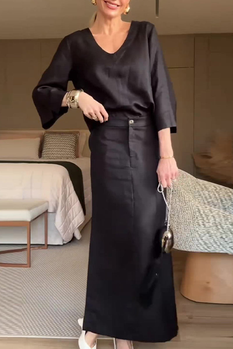 Daily Color Buttons Slit V Neck Three Quarter Two Pieces