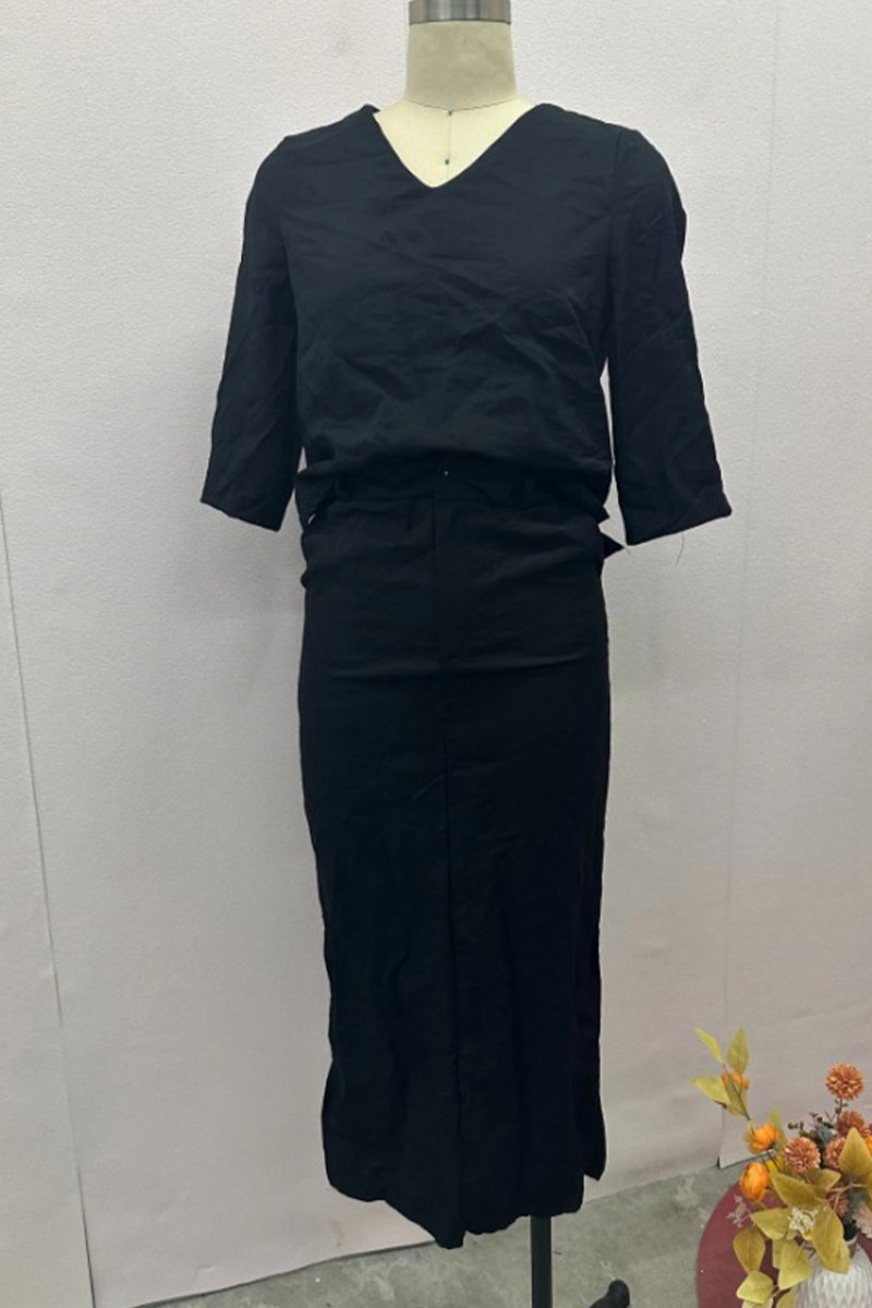 Daily Color Buttons Slit V Neck Three Quarter Two Pieces