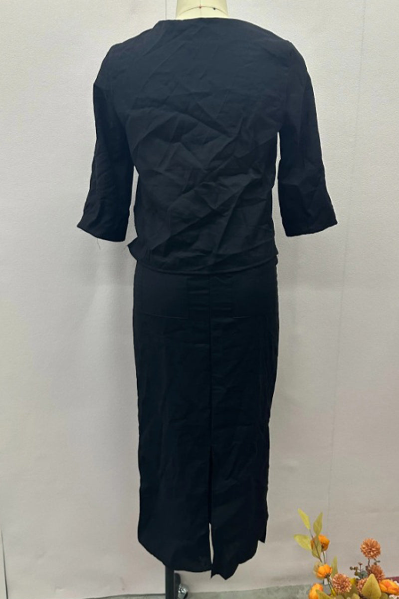 Daily Color Buttons Slit V Neck Three Quarter Two Pieces
