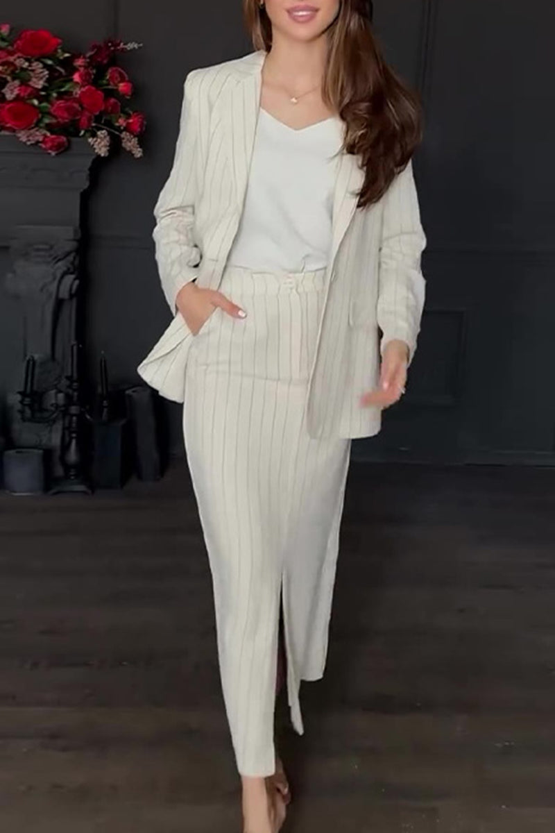 Striped Print Buttons Slit Turn-back Collar Long Sleeve Two Pieces