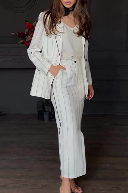 Striped Print Buttons Slit Turn-back Collar Long Sleeve Two Pieces