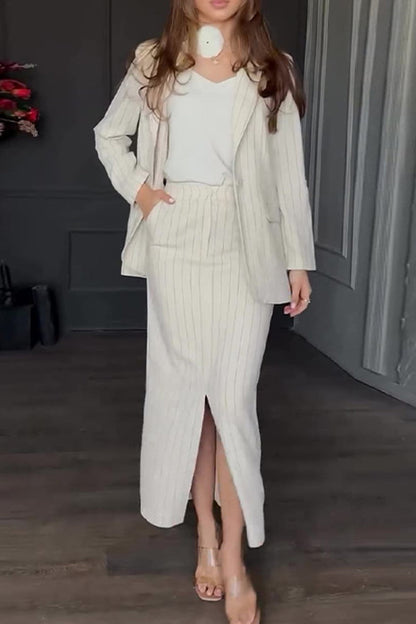 Striped Print Buttons Slit Turn-back Collar Long Sleeve Two Pieces