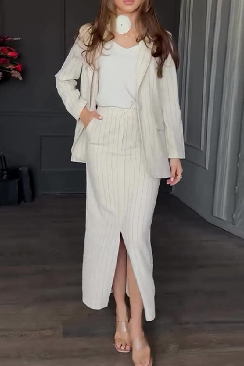 Striped Print Buttons Slit Turn-back Collar Long Sleeve Two Pieces