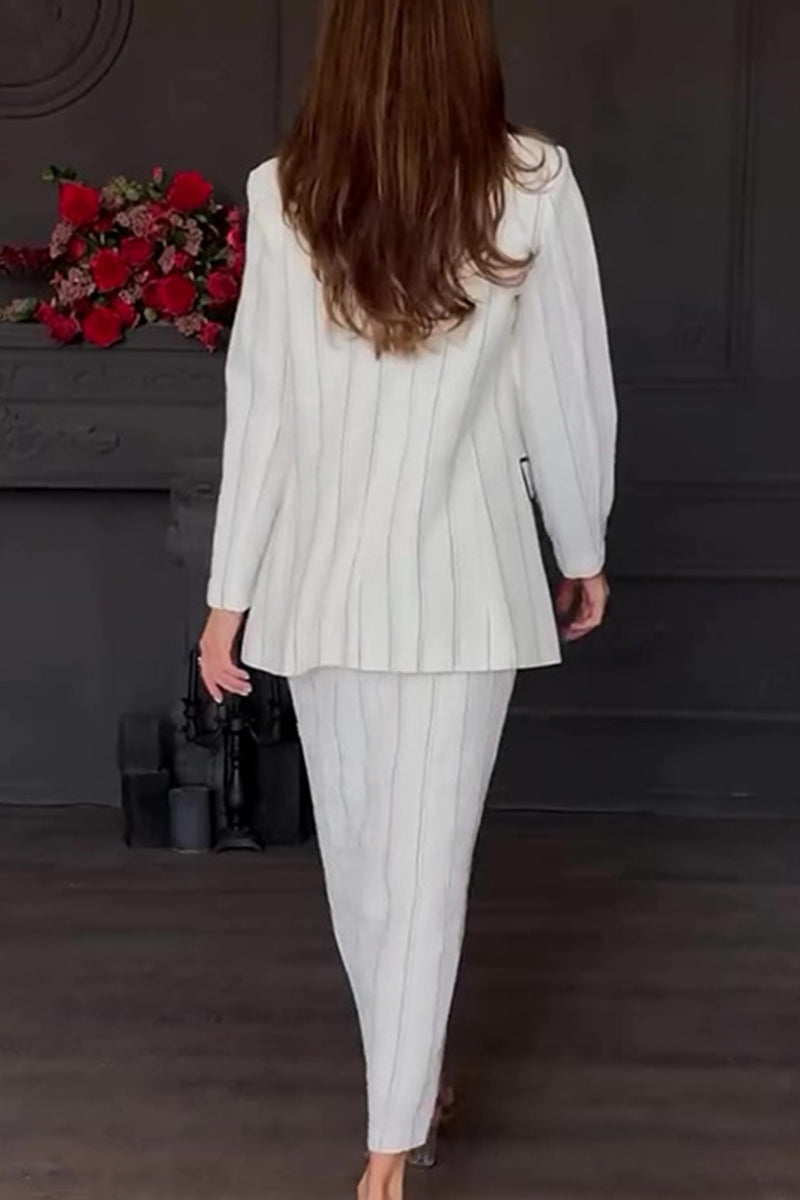 Striped Print Buttons Slit Turn-back Collar Long Sleeve Two Pieces