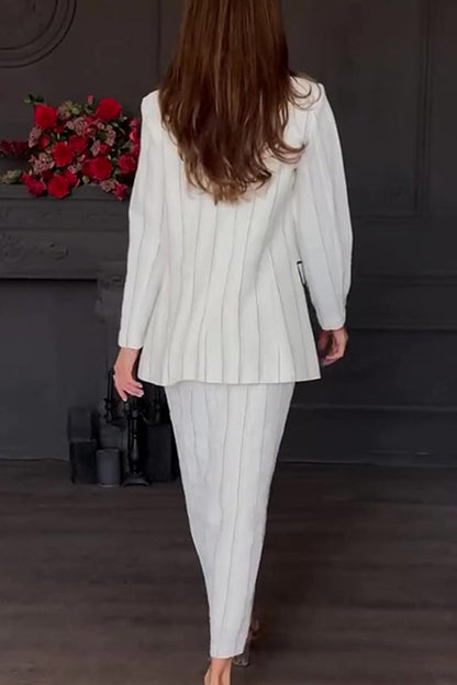 Striped Print Buttons Slit Turn-back Collar Long Sleeve Two Pieces