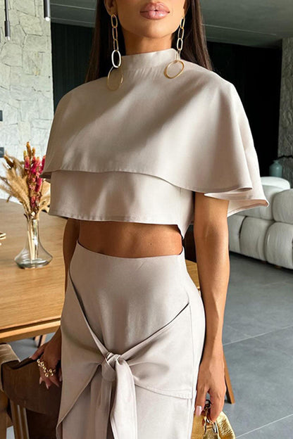 Color Slit Belted Half a Turtleneck Short Sleeve Two Pieces