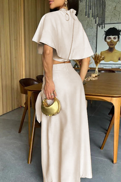 Color Slit Belted Half a Turtleneck Short Sleeve Two Pieces