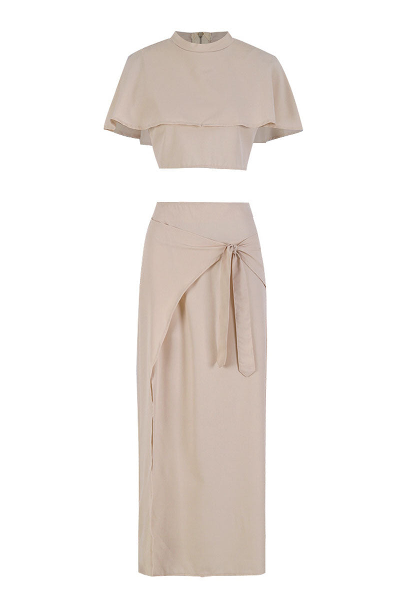 Color Slit Belted Half a Turtleneck Short Sleeve Two Pieces
