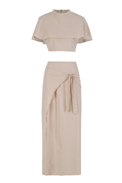 Color Slit Belted Half a Turtleneck Short Sleeve Two Pieces