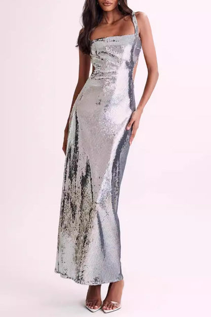 Party Sequins Backless Square Neck One Step Skirt Dresses