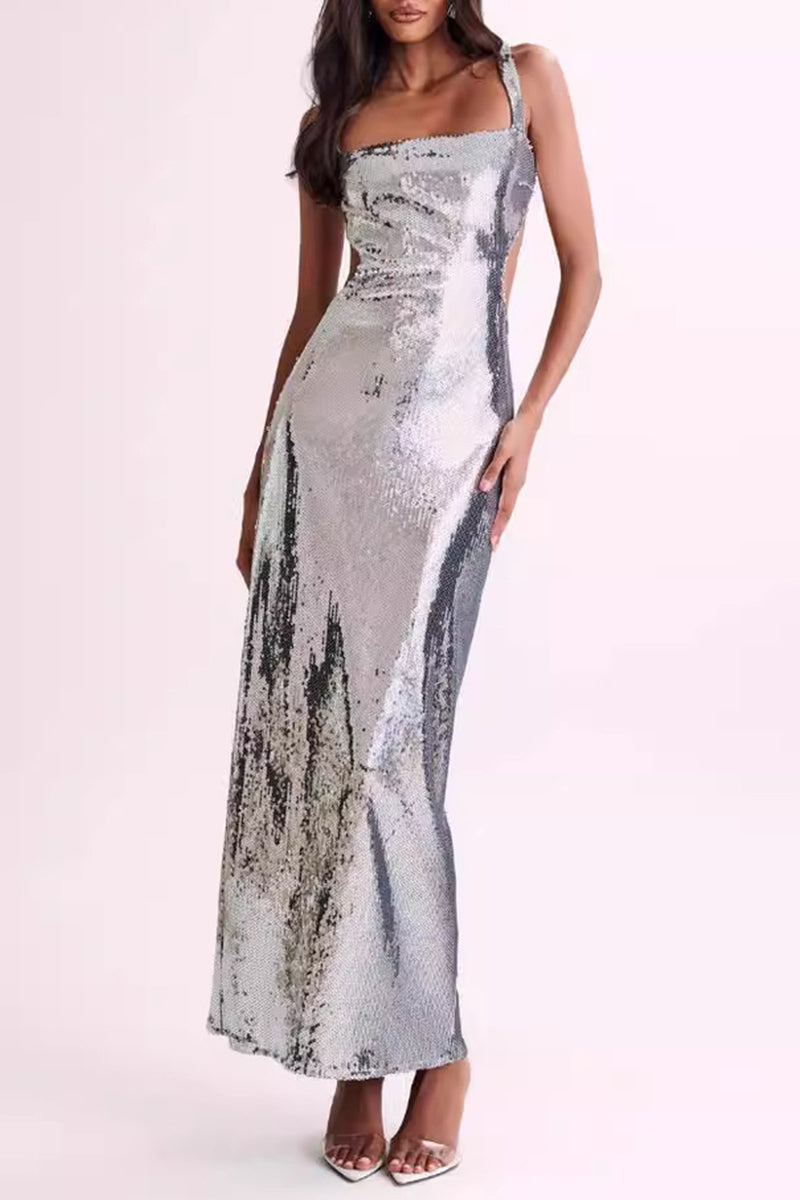 Party Sequins Backless Square Neck One Step Skirt Dresses