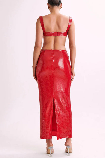 Party Sequins Backless Square Neck One Step Skirt Dresses