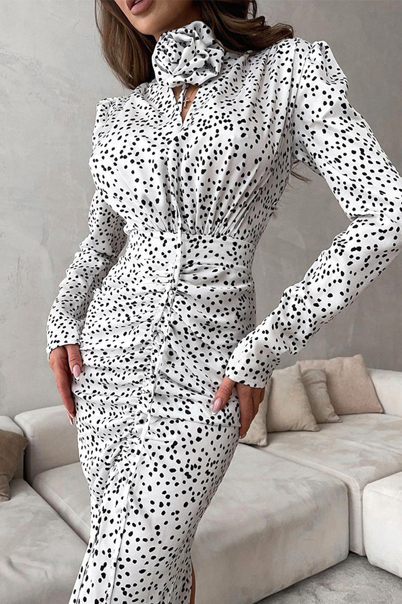 Polka Dot Ruched Flower Shape V Neck One Step Skirt Dresses
