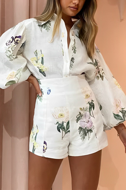 Flowers Print Buttons Turndown Collar Long Sleeve Two Pieces