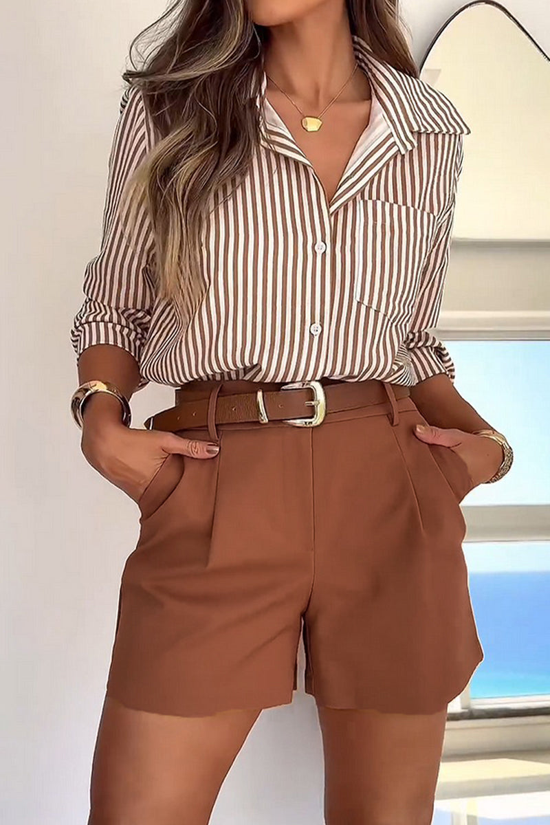 Striped Print Pocket Turndown Collar Long Sleeve Two Pieces