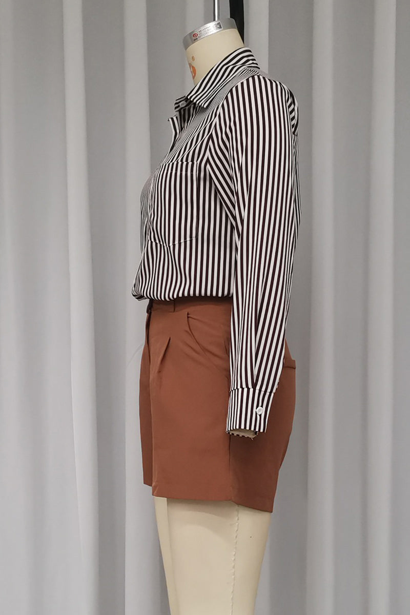 Striped Print Pocket Turndown Collar Long Sleeve Two Pieces