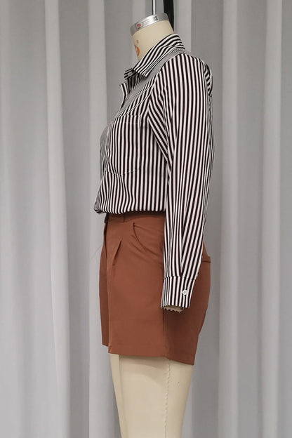 Striped Print Pocket Turndown Collar Long Sleeve Two Pieces