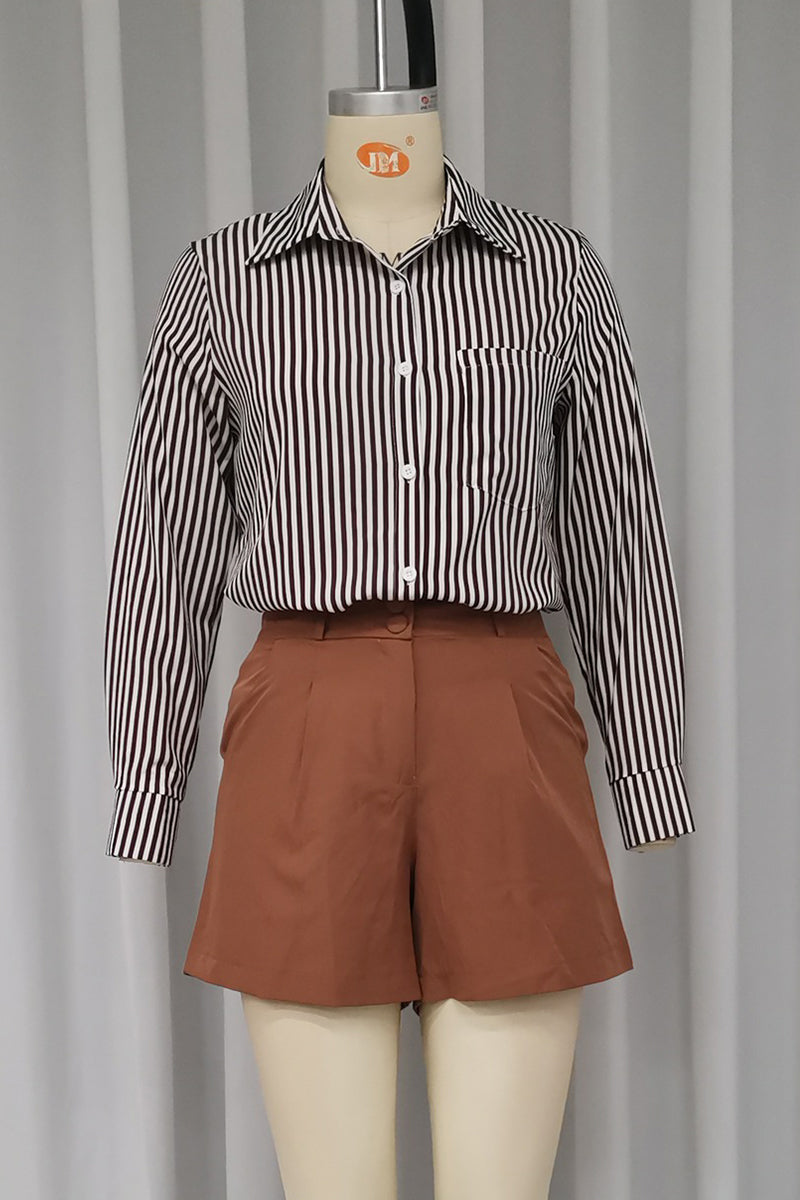 Striped Print Pocket Turndown Collar Long Sleeve Two Pieces