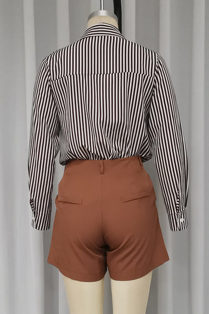 Striped Print Pocket Turndown Collar Long Sleeve Two Pieces
