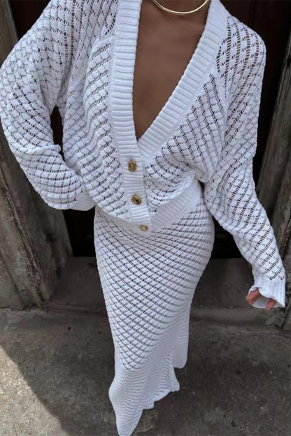 Daily Hollow Out Buttons V Neck Long Sleeve Two Pieces