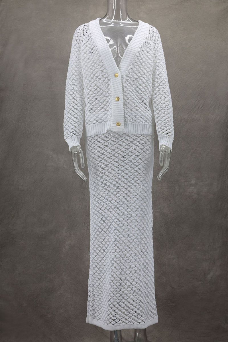 Daily Hollow Out Buttons V Neck Long Sleeve Two Pieces