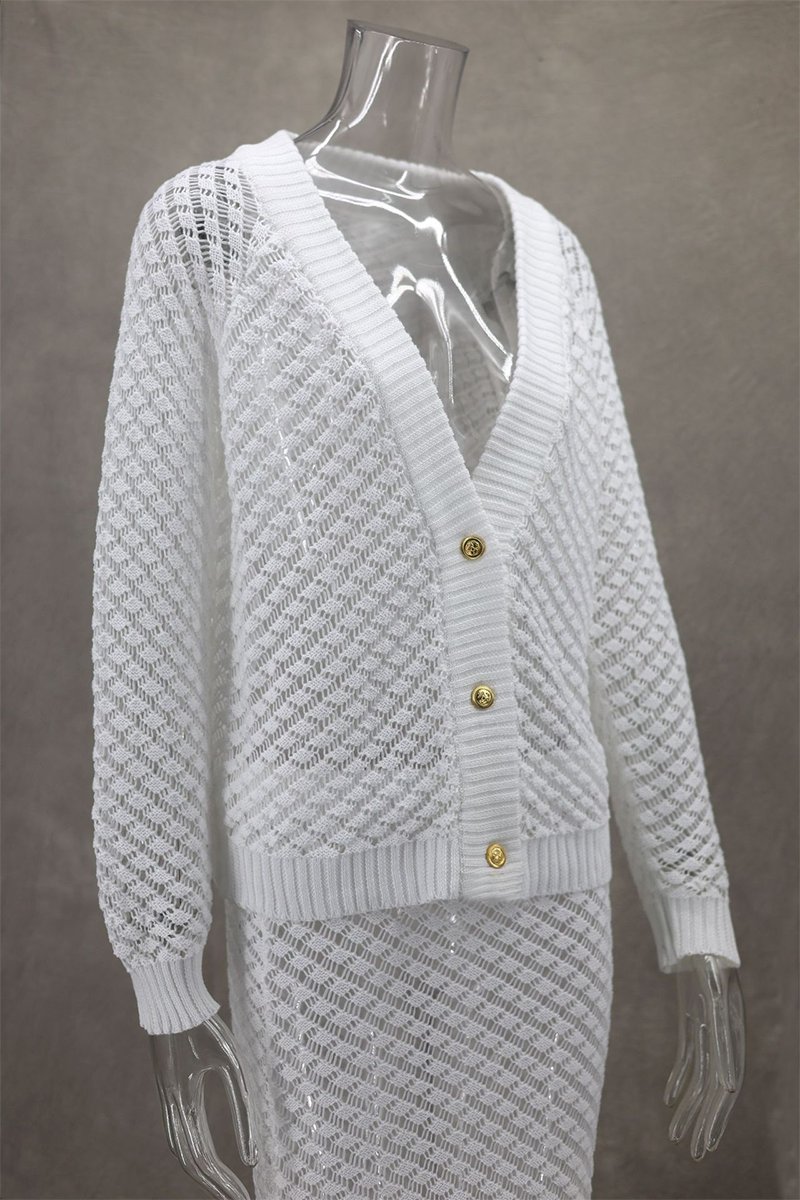 Daily Hollow Out Buttons V Neck Long Sleeve Two Pieces