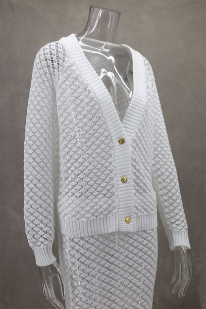 Daily Hollow Out Buttons V Neck Long Sleeve Two Pieces
