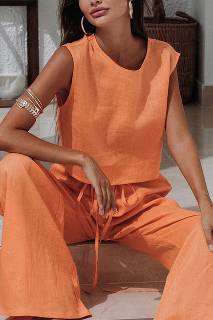 Daily Color Lace Up O Neck Sleeveless Two Pieces