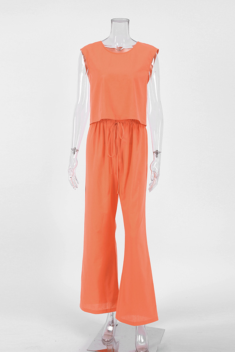Daily Color Lace Up O Neck Sleeveless Two Pieces