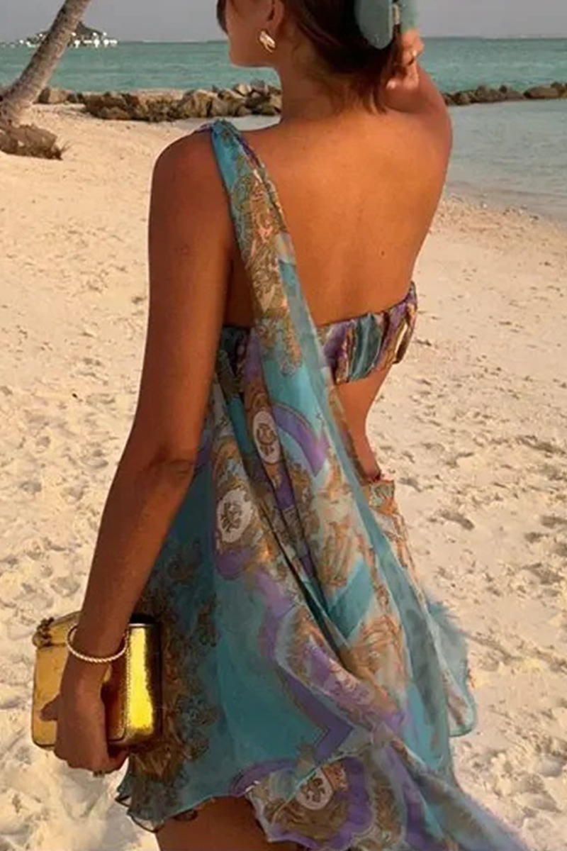 Vacation Print Irregular Strapless Sleeveless Two Pieces