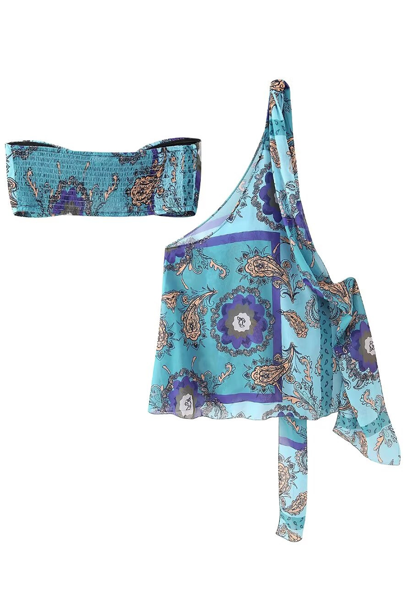 Vacation Print Irregular Strapless Sleeveless Two Pieces