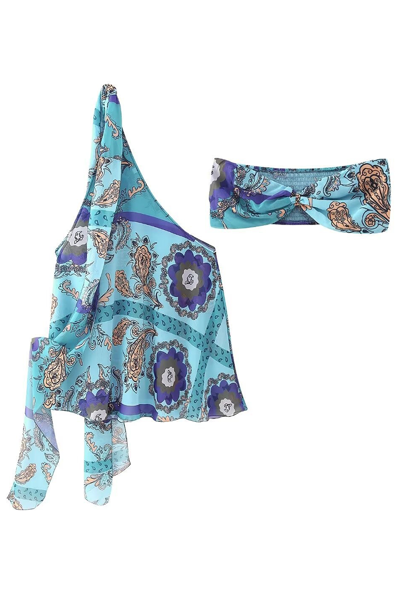 Vacation Print Irregular Strapless Sleeveless Two Pieces