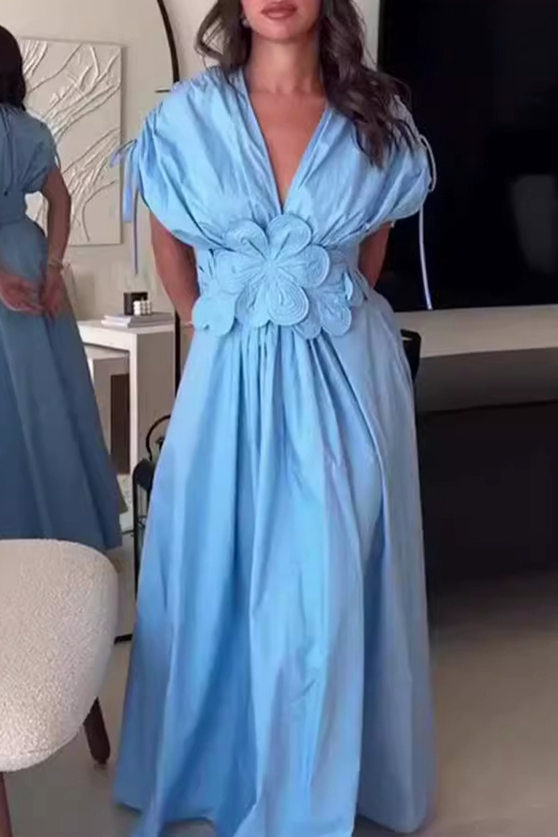 Color Draw String Flower Shape V Neck Waist Skirt Dresses