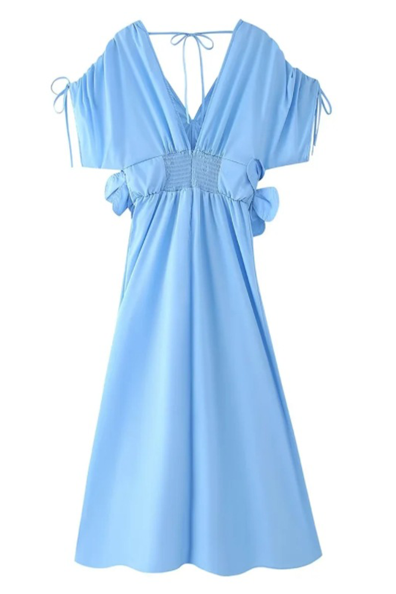 Color Draw String Flower Shape V Neck Waist Skirt Dresses